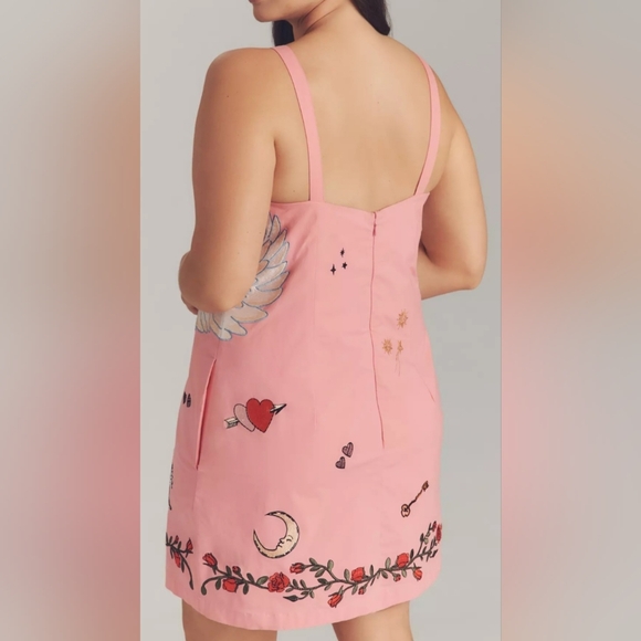 Anthropologie Embroidered Mini Cotton Dress.  Swans On The Front - Picture 6 of 13